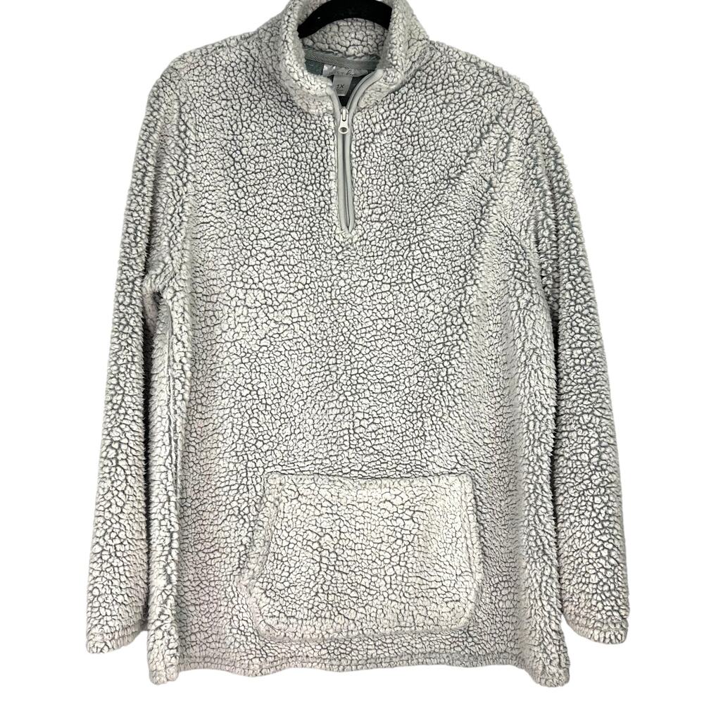 Woman's Blue-Gray Teddy Bear Fleece Quarter Zip SweatShirt 1X  CottageCore